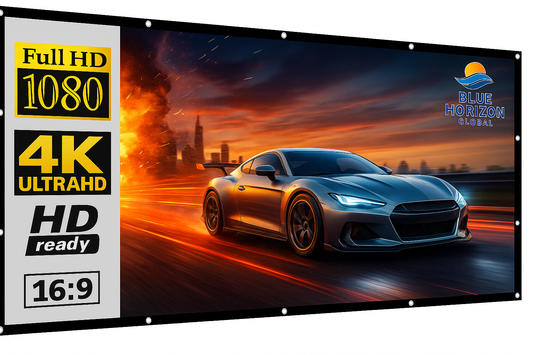 Projection screen with a car graphic and technical specifications, featuring Blue Horizon Global logo.