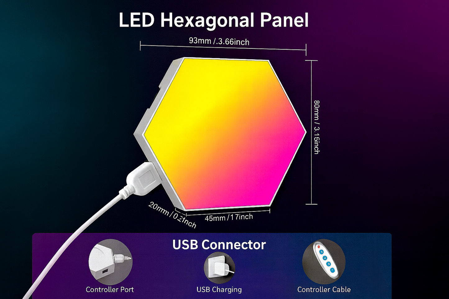 Hexagon LED light panel with dimensions, USB connector, and multicolor lighting display.
