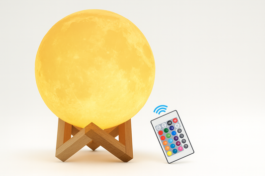 Small 3D moon lamp with wooden base and remote control