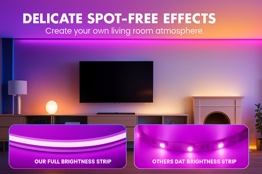 LED neon rope light showing delicate spot-free lighting effects in a modern living room with brightness comparison.