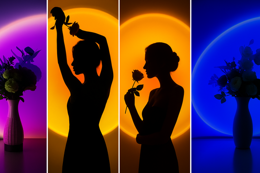 Silhouette photos showing different RGB sunset lamp colors projected on a wall.