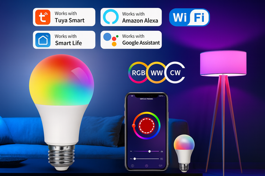 Tuya Smart WiFi LED bulb showing RGB, warm white, and cool white modes with mobile app control and compatibility icons for Alexa, Google Assistant, and Smart Life.