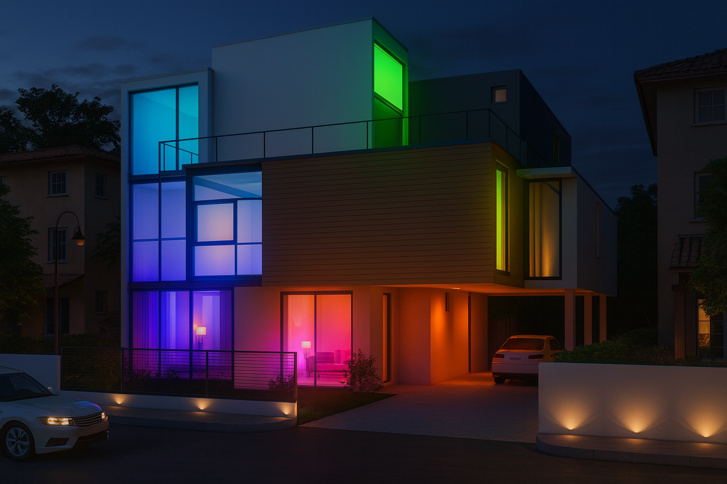 Modern house at night illuminated with smart RGB exterior lighting controlled by WiFi LED bulbs.