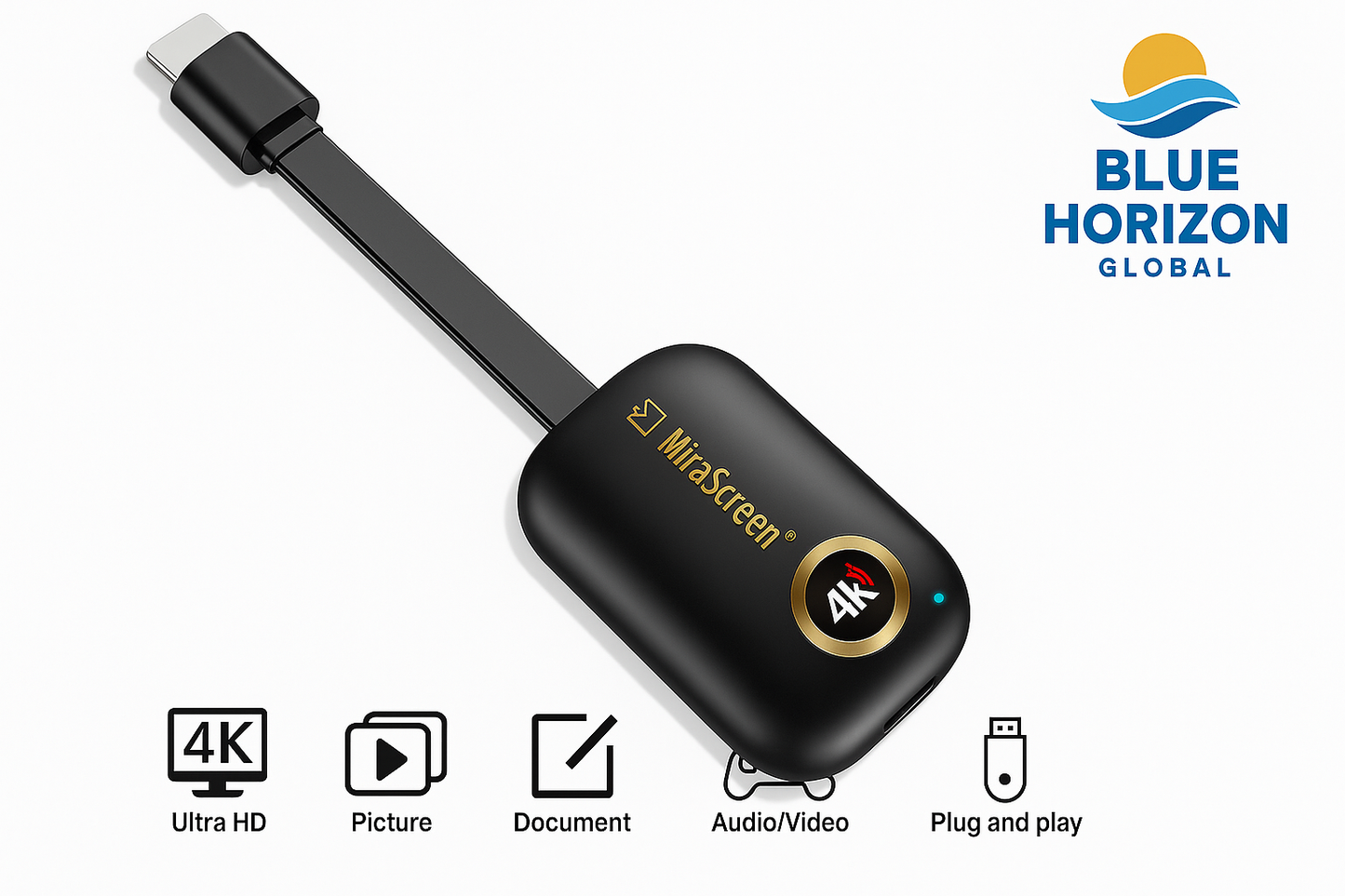 MiraScreen G9 Plus 4K wireless HDMI display dongle with gold branding and 4K emblem, Blue Horizon Global logo in corner, 16:9 product photo.