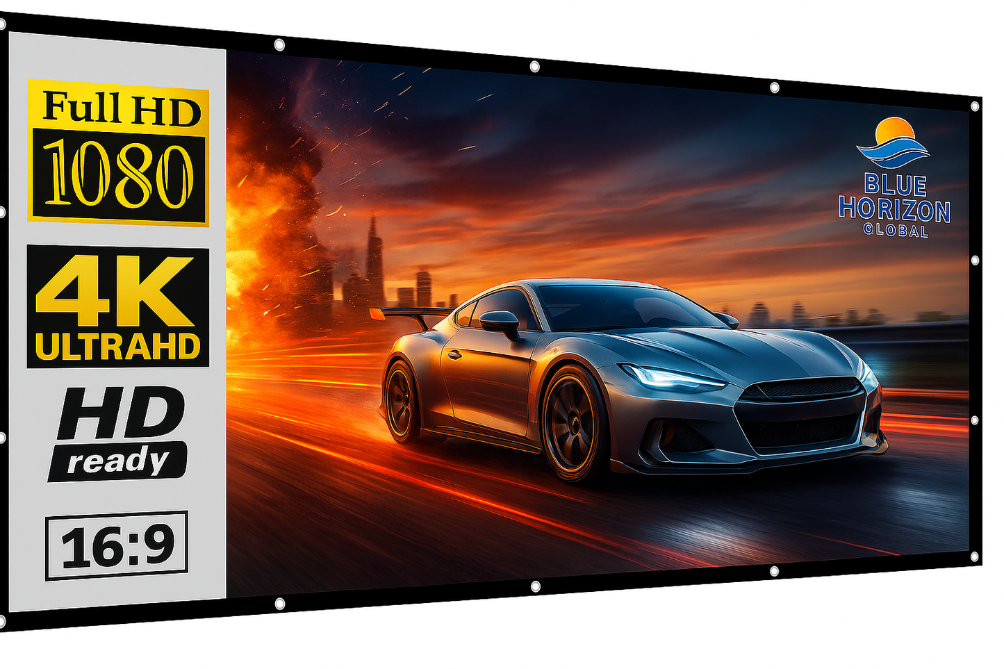 Projection screen with a car graphic and technical specifications, featuring Blue Horizon Global logo.