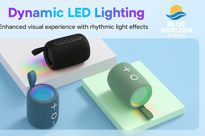 Tribit StormBox Mini wireless Bluetooth speakers shown in a modern lifestyle setup with dynamic LED lighting effects.