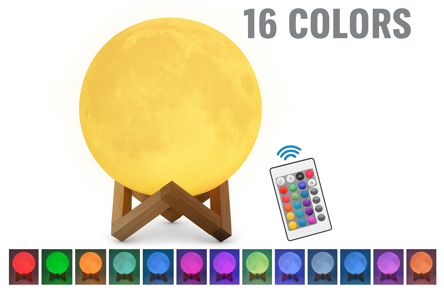 Moon-shaped lamp with remote control and color-changing options on a white background
