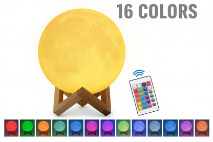 Moon-shaped lamp with remote control and color-changing options on a white background
