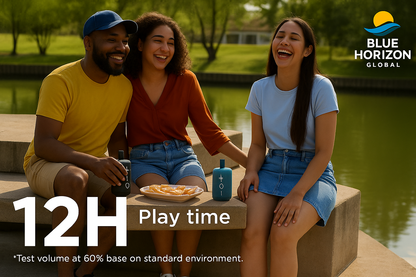 Friends outdoors enjoying music with Tribit StormBox Mini Bluetooth speakers, highlighting 12-hour battery life.