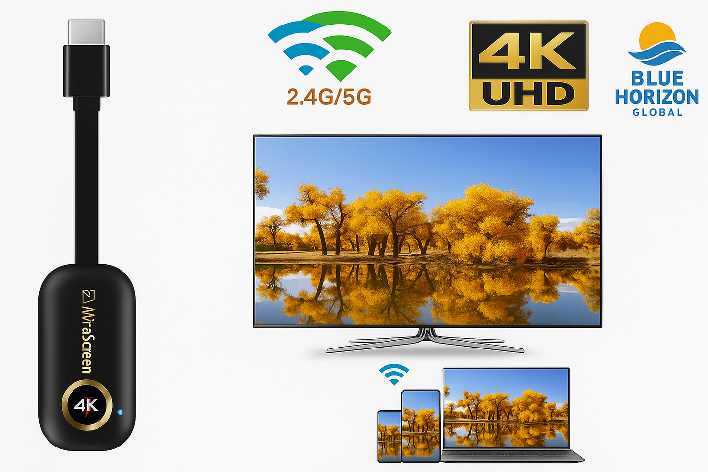MiraScreen G9 Plus 4K wireless HDMI display dongle with gold branding and 4K emblem, Blue Horizon Global logo in corner.