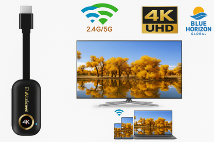 MiraScreen G9 Plus 4K wireless HDMI display dongle with gold branding and 4K emblem, Blue Horizon Global logo in corner.