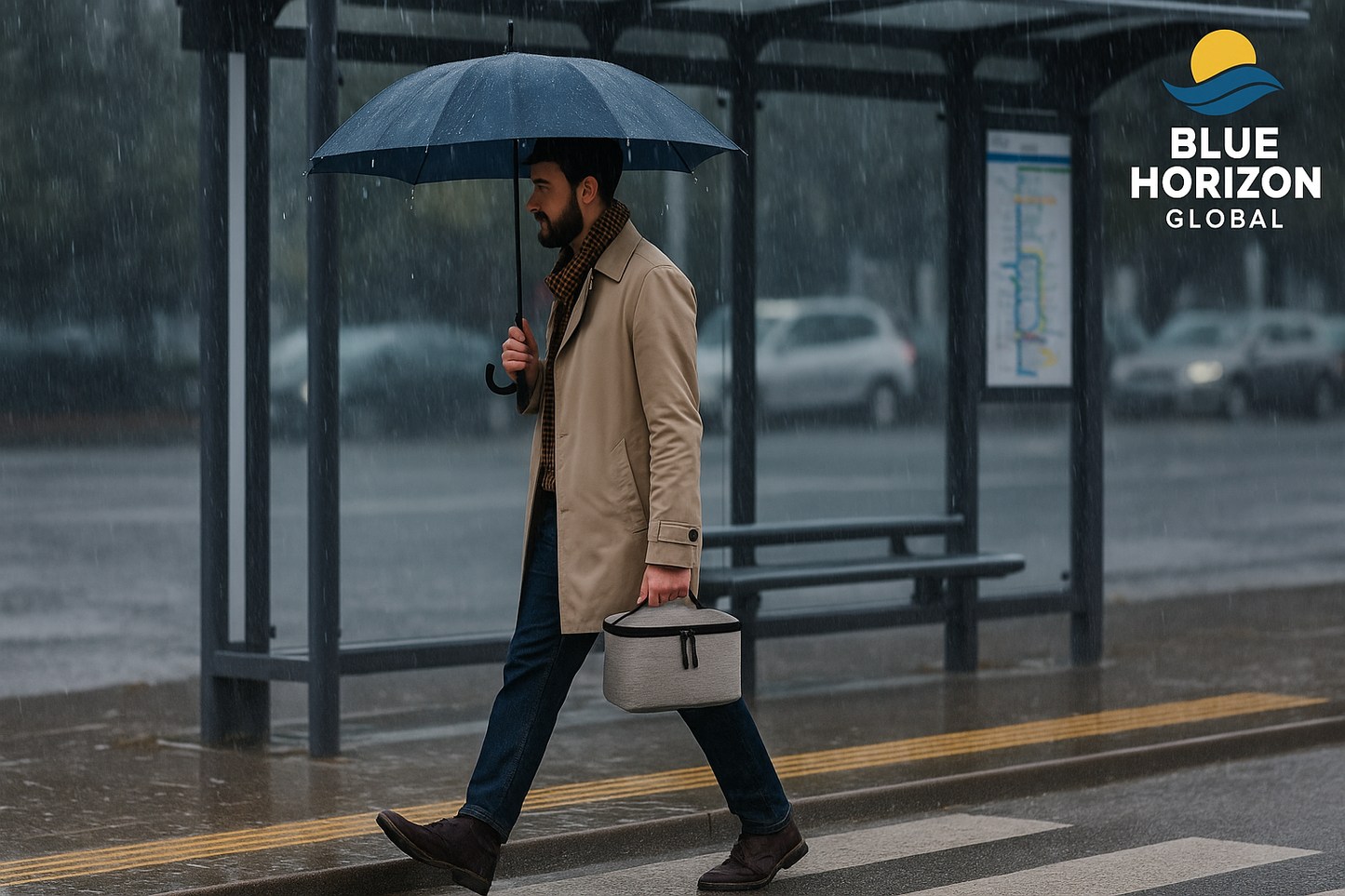 Man with an umbrella and projector carrying case in gray fabric walking at a bus stop on a rainy day, with 'Blue Horizon Global' logo.