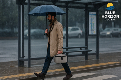 Man with an umbrella and projector carrying case in gray fabric walking at a bus stop on a rainy day, with 'Blue Horizon Global' logo.