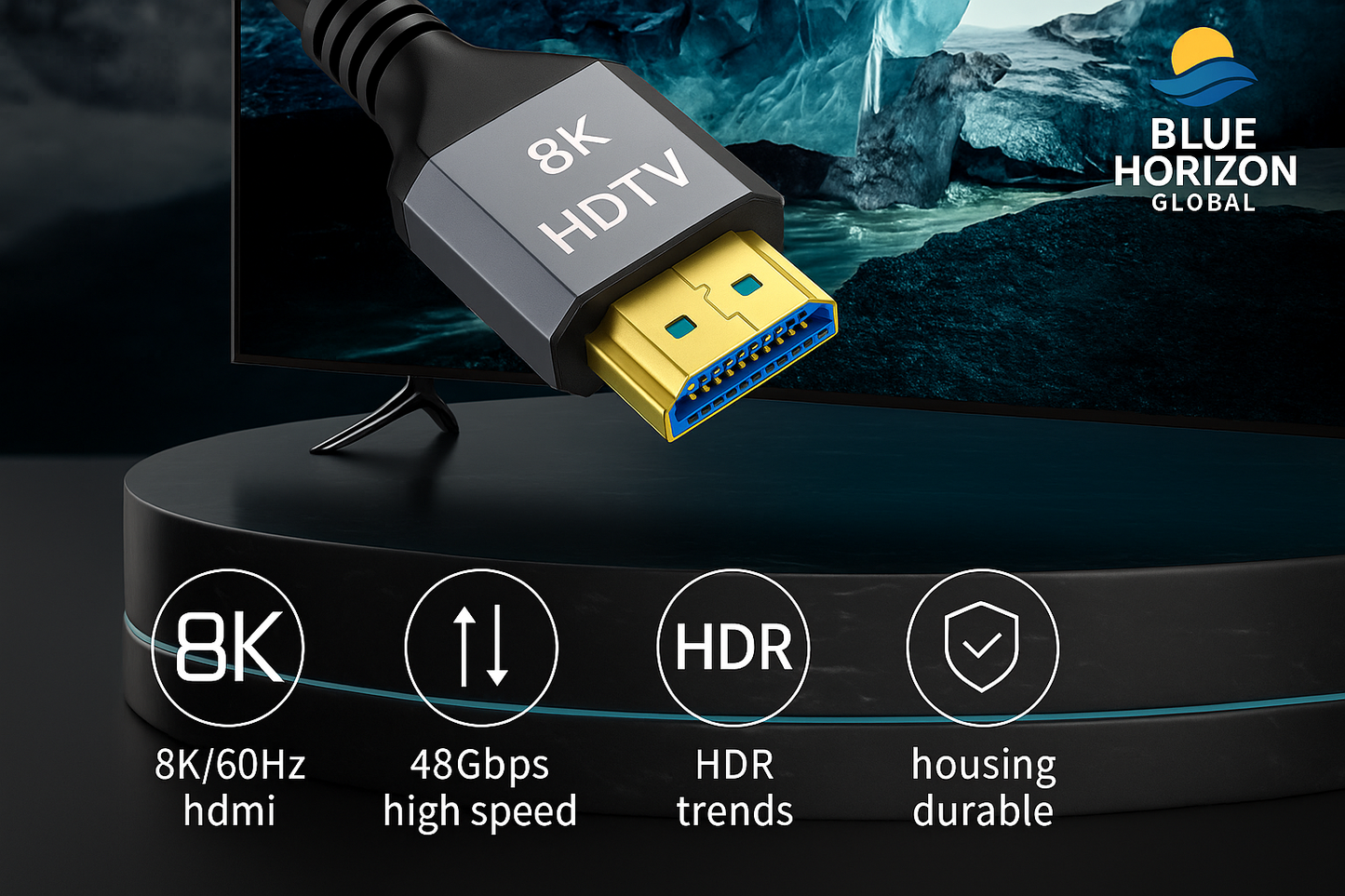 8K HDMI 2.1 cable, Blue Horizon Global, PVC jacket, high-speed 48Gbps.