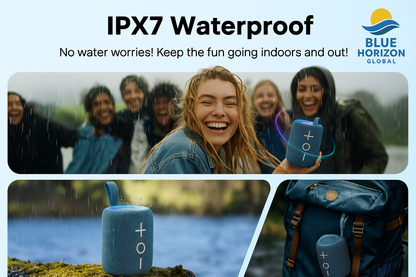 Tribit StormBox Mini waterproof Bluetooth speaker showcased in rainy outdoor conditions, demonstrating IPX7 water resistance.