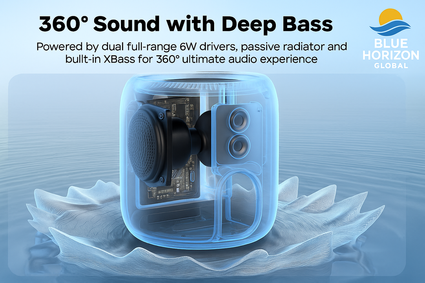 Transparent view of Tribit StormBox Mini speaker showing dual 6W drivers, passive radiator, and XBass technology for 360-degree sound.