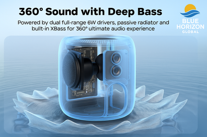 Transparent view of Tribit StormBox Mini speaker showing dual 6W drivers, passive radiator, and XBass technology for 360-degree sound.
