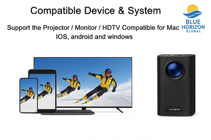 MiraScreen G9 Plus compatibility graphic showing hongtop projector, HDTV, laptop, and tablet with multi-OS support for iOS, Android, Mac, and Windows.