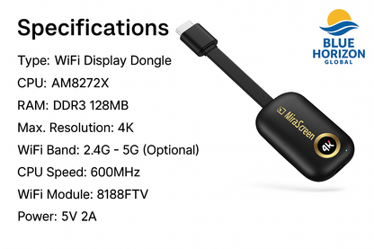 MiraScreen G9 Plus WiFi display dongle specifications including CPU AM8272X, DDR3 128MB RAM, dual-band 2.4G 5G WiFi, and 4K resolution support.