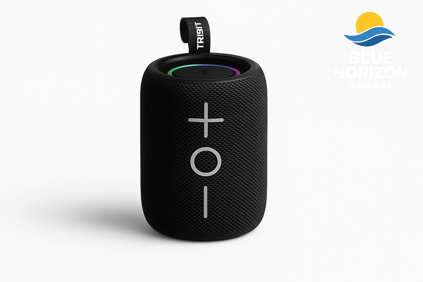 Black Tribit StormBox Mini Bluetooth speaker with LED light ring on top, standing upright with Blue Horizon Global logo.