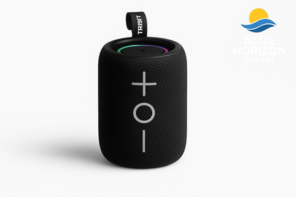 Black Tribit StormBox Mini Bluetooth speaker with LED light ring on top, standing upright with Blue Horizon Global logo.