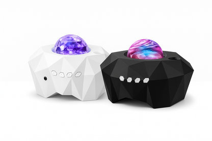 White and black aurora projectors side by side on a clean white background.