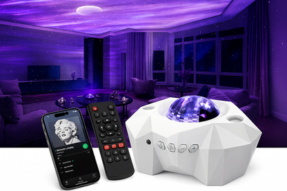 A white aurora projector displaying purple lights in a modern living room, shown with remote control and smartphone.
