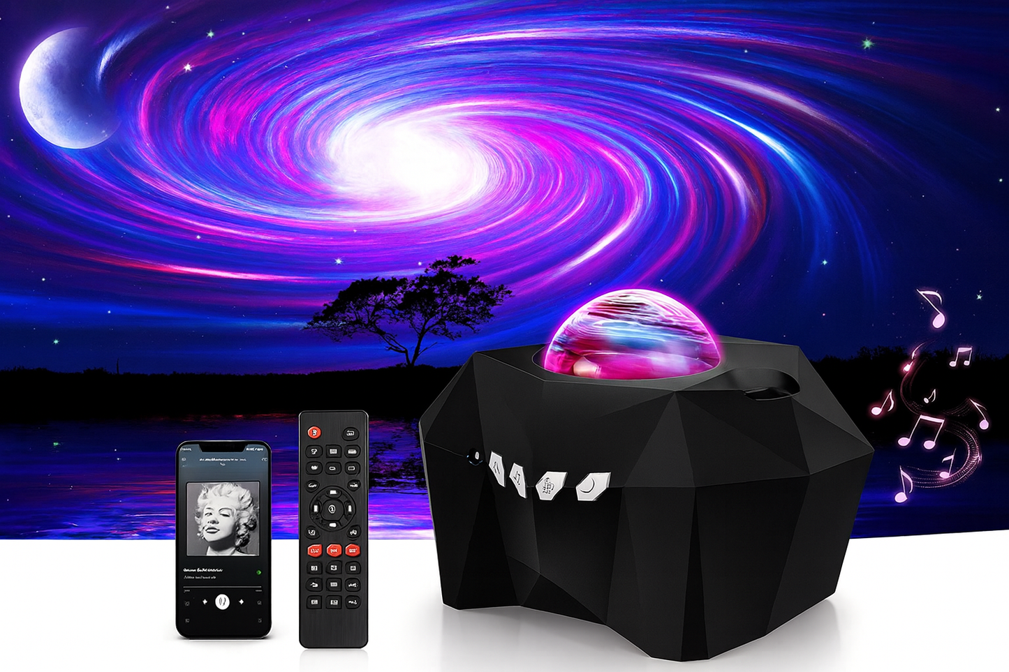 A black aurora projector illuminating a galaxy swirl effect, displayed with remote control and smartphone.