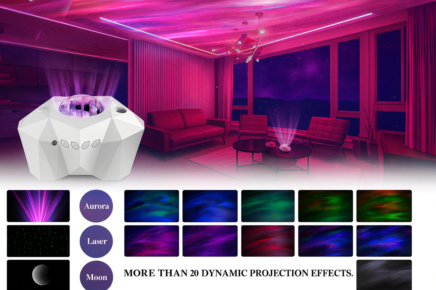 A white aurora projector lighting a pink-themed living room, with multiple projection effect previews displayed below.