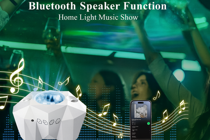 A white aurora projector with music notes showcasing Bluetooth speaker function during a party scene.