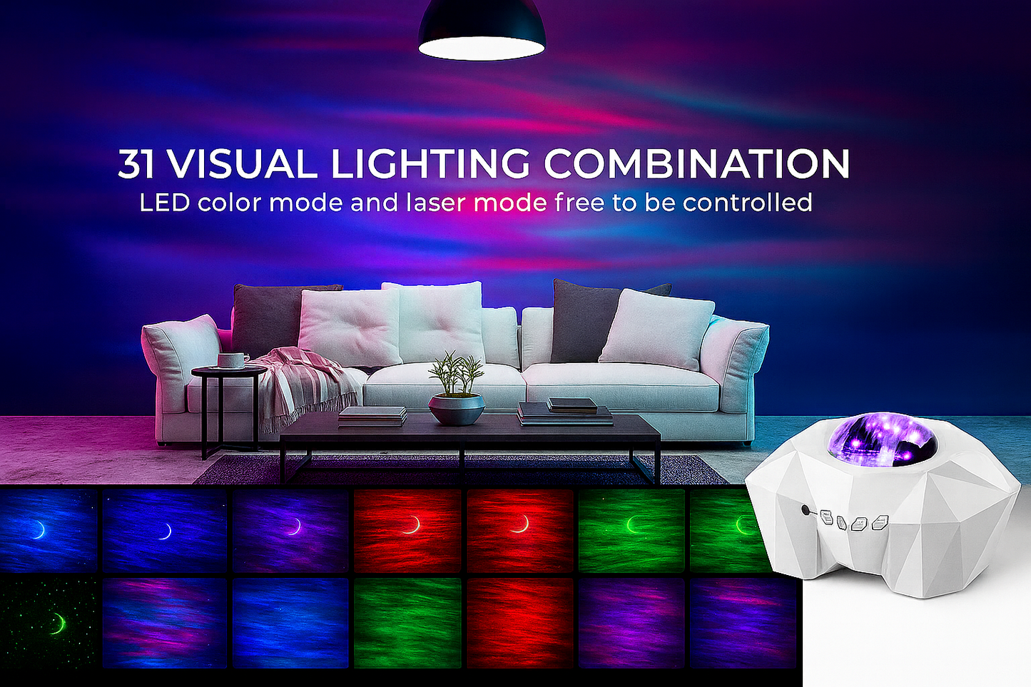 A living room with aurora lighting effects and a grid of 31 lighting combinations displayed beneath.