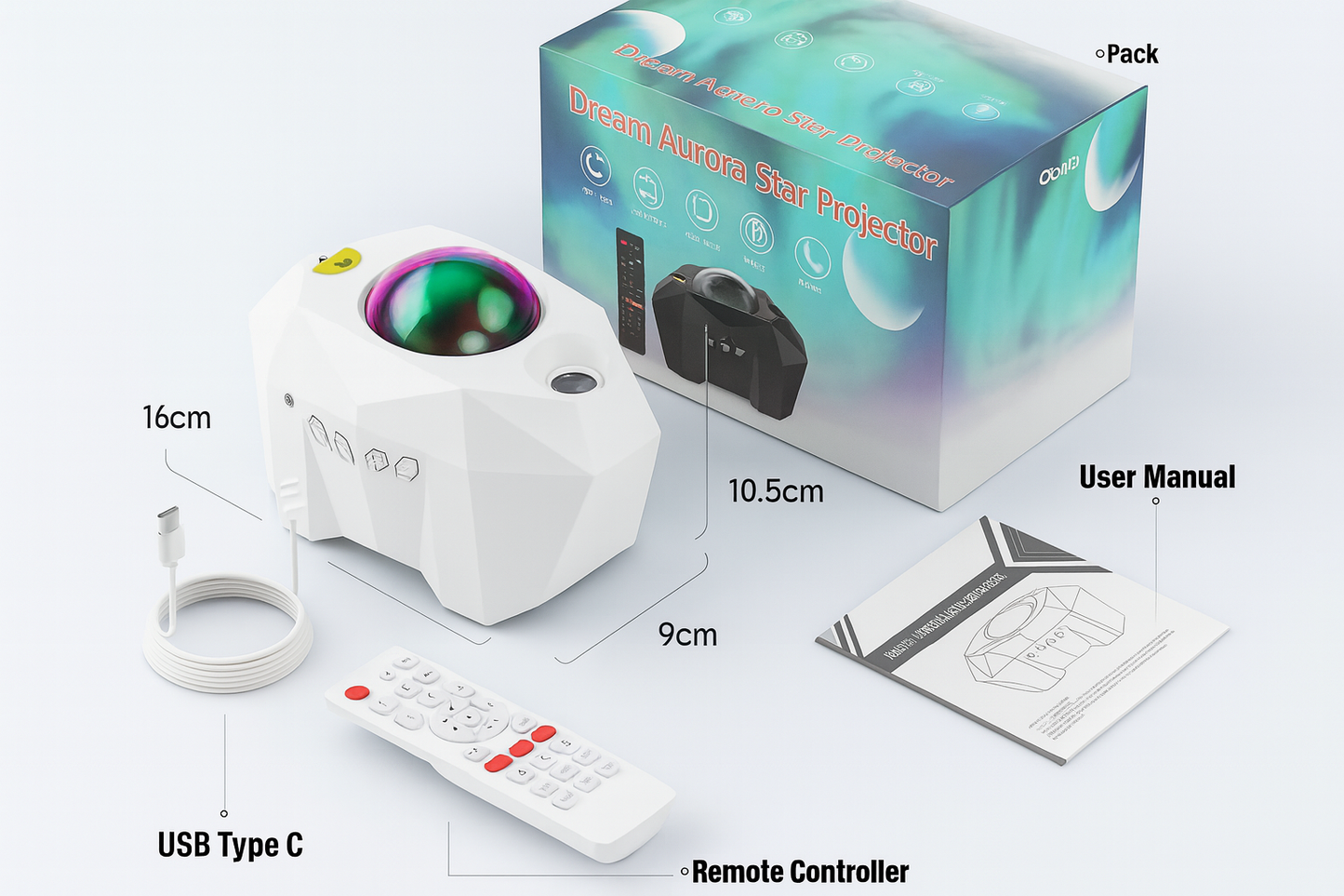 White aurora projector shown with packaging box, dimensions, USB Type-C cable, remote control, and user manual.