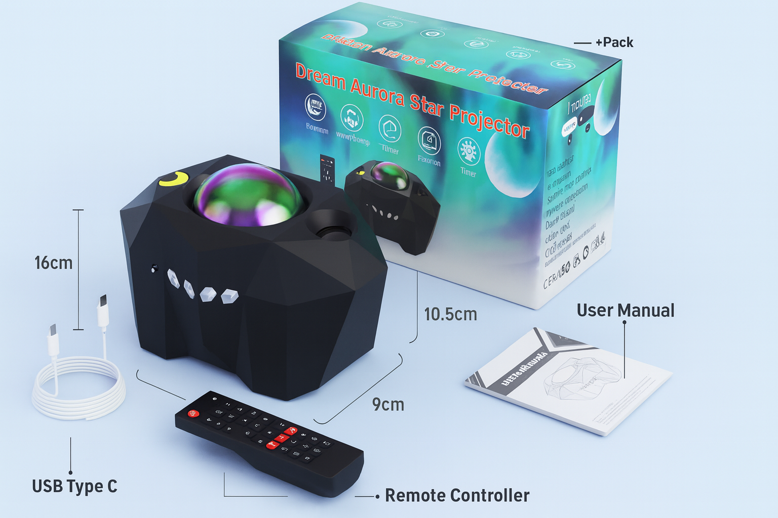 Black aurora projector shown with packaging box, dimensions, USB Type-C cable, remote control, and user manual.