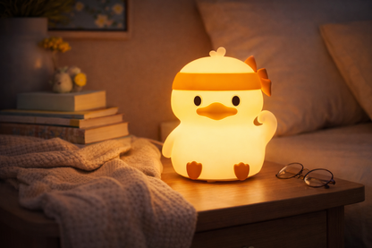 Color-changing silicone duck night light glowing warm yellow on a nightstand