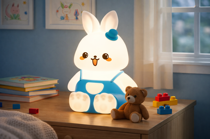 Color-changing silicone bunny night light glowing blue on a bedside table
