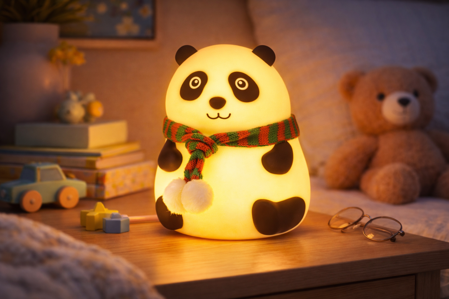 Color-changing silicone panda night light glowing warm yellow in a bedroom