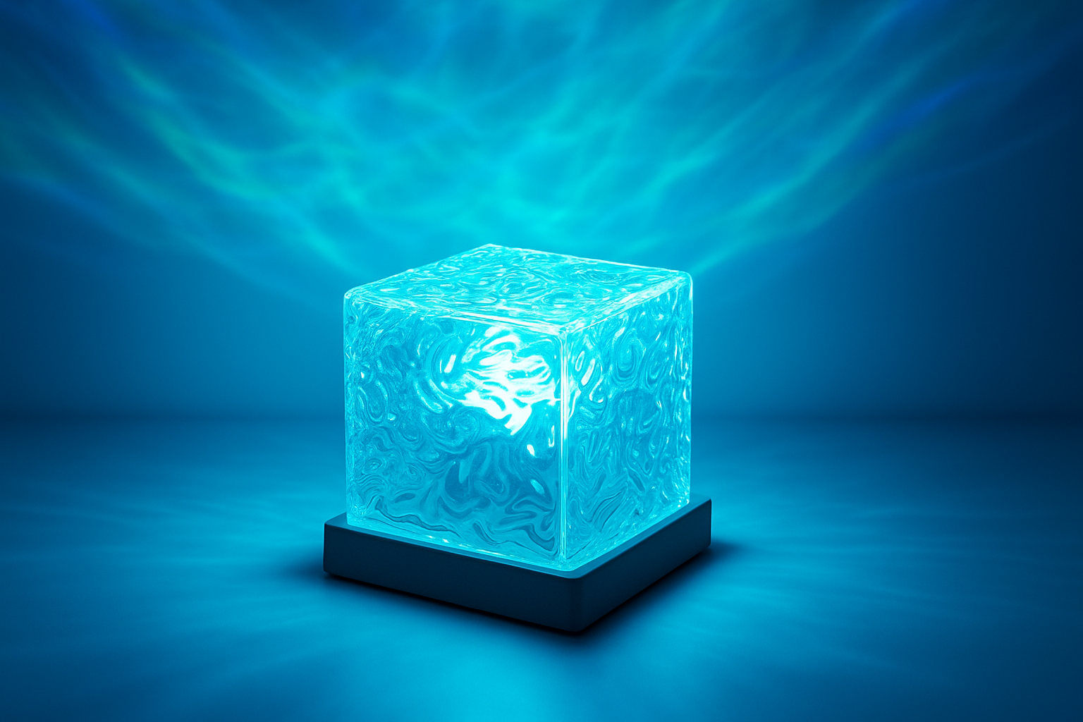 Ocean wave projector cube glowing blue on a table with water-effect light projection.