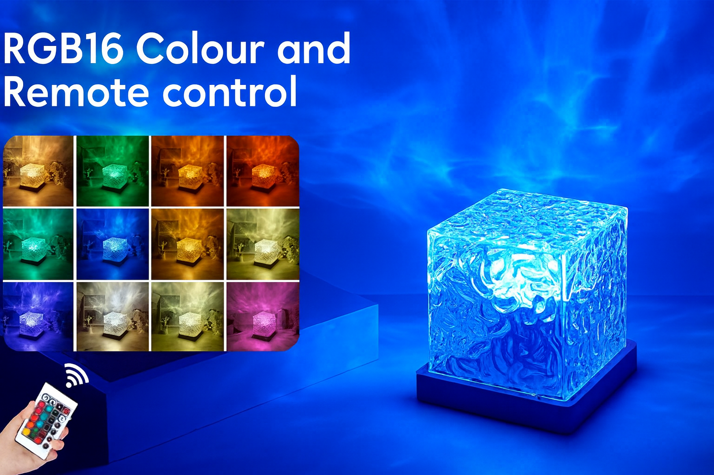 Ocean wave projector with RGB16 color options and remote control shown in blue.