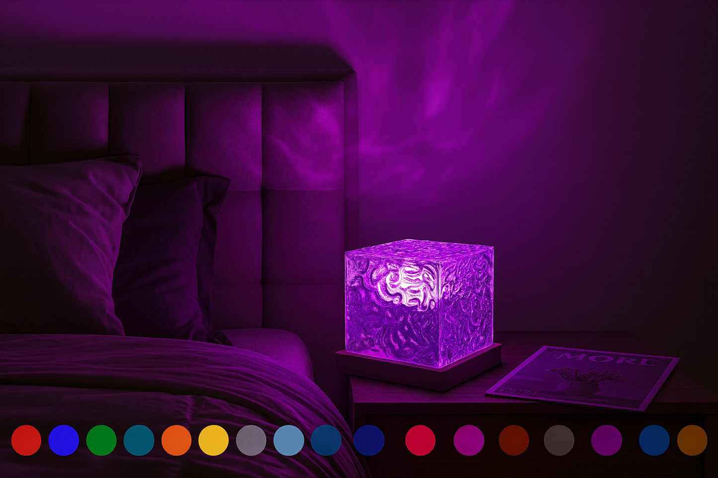 Ocean wave projector cube illuminating a bedroom with purple ambient lighting.