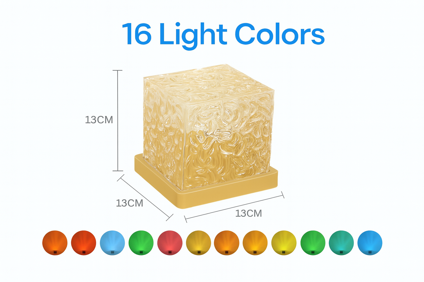 16 RGB light colors chart for the ocean wave projector with measurement diagram.