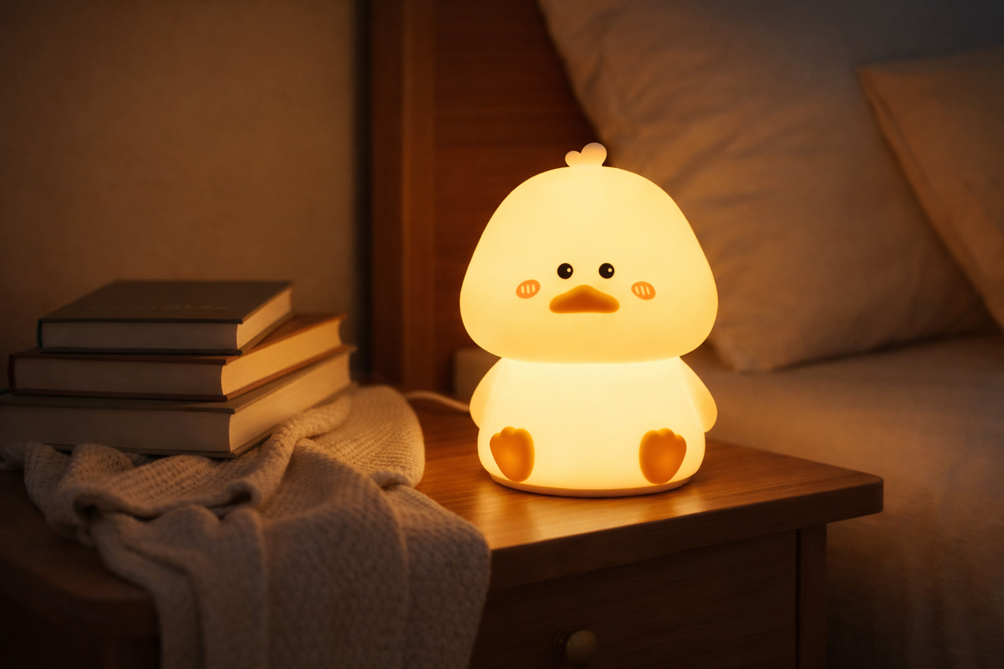 Color-changing silicone duck night light glowing warm yellow on a nightstand