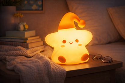 Color-changing silicone star night light glowing warm yellow on a bedside table