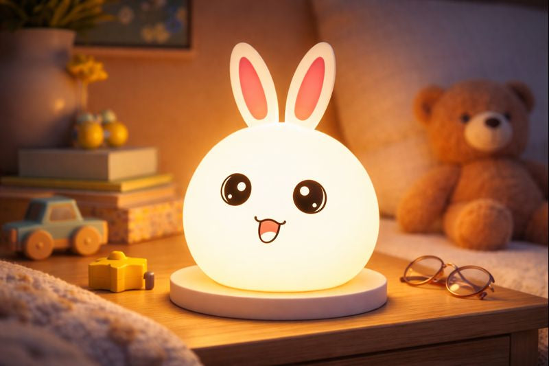 Color-changing silicone bunny night light glowing warm yellow in a cozy bedroom
