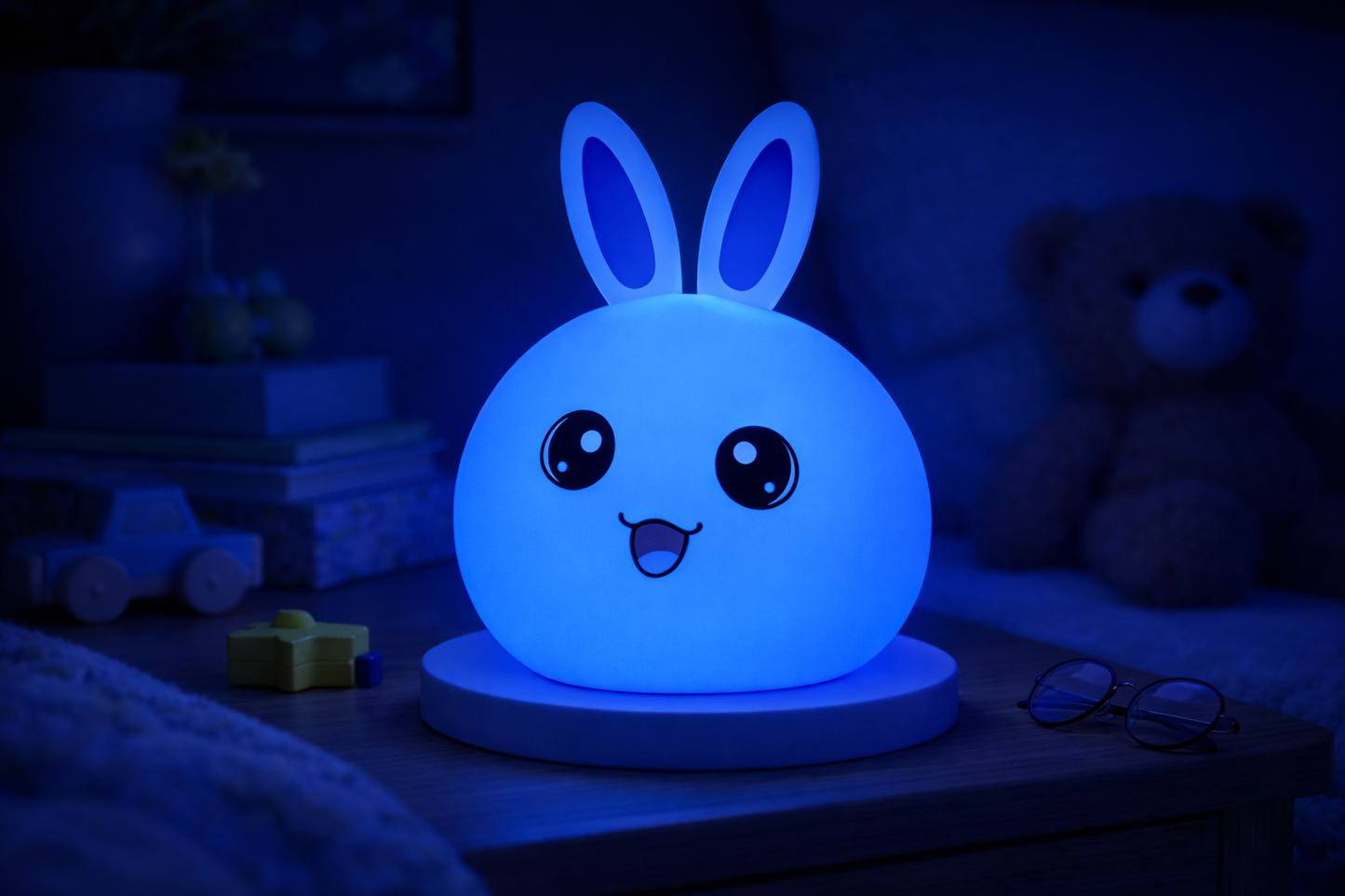 Color-changing silicone bunny night light glowing deep blue in a dark bedroom