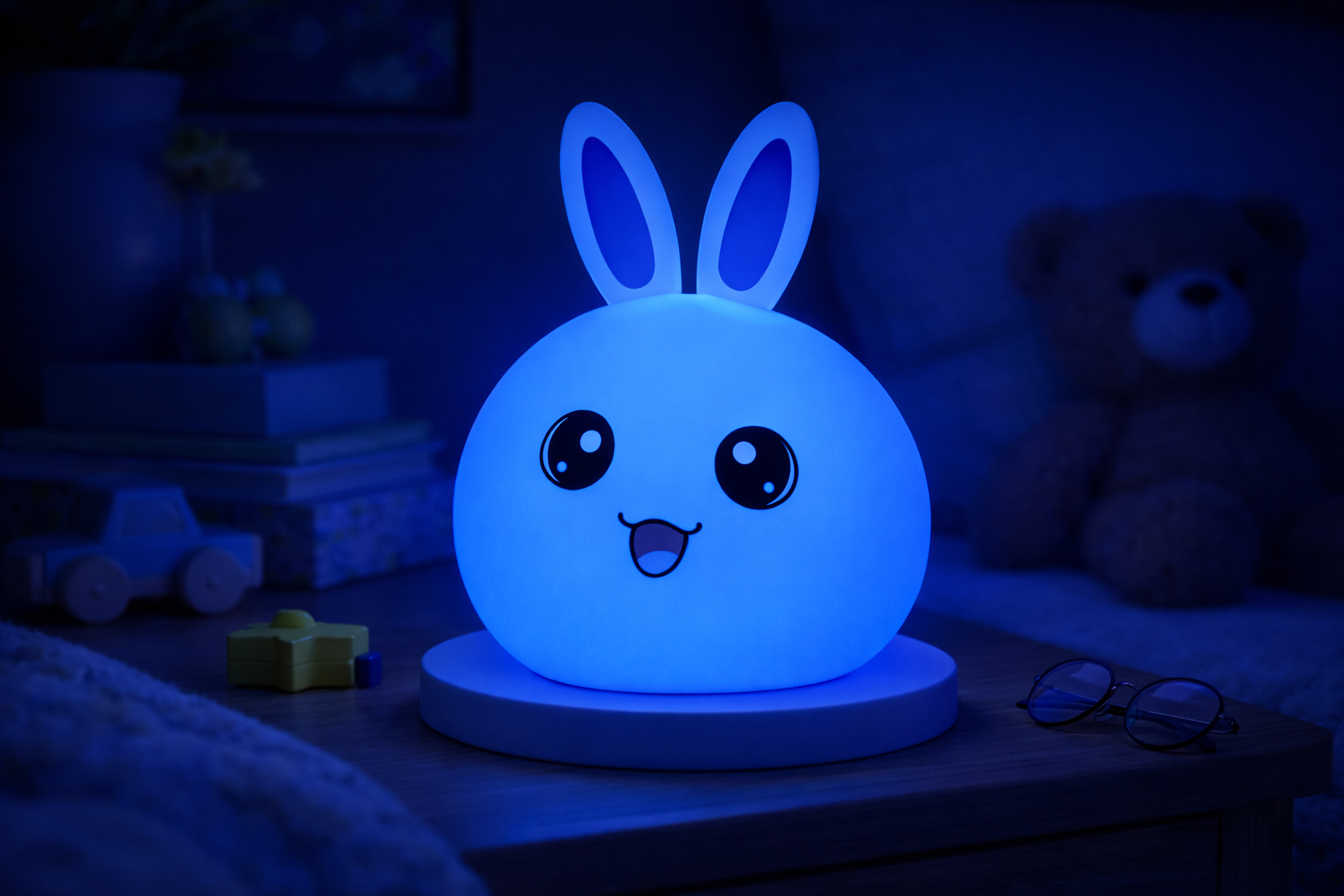 Color-changing silicone bunny night light glowing deep blue in a dark bedroom
