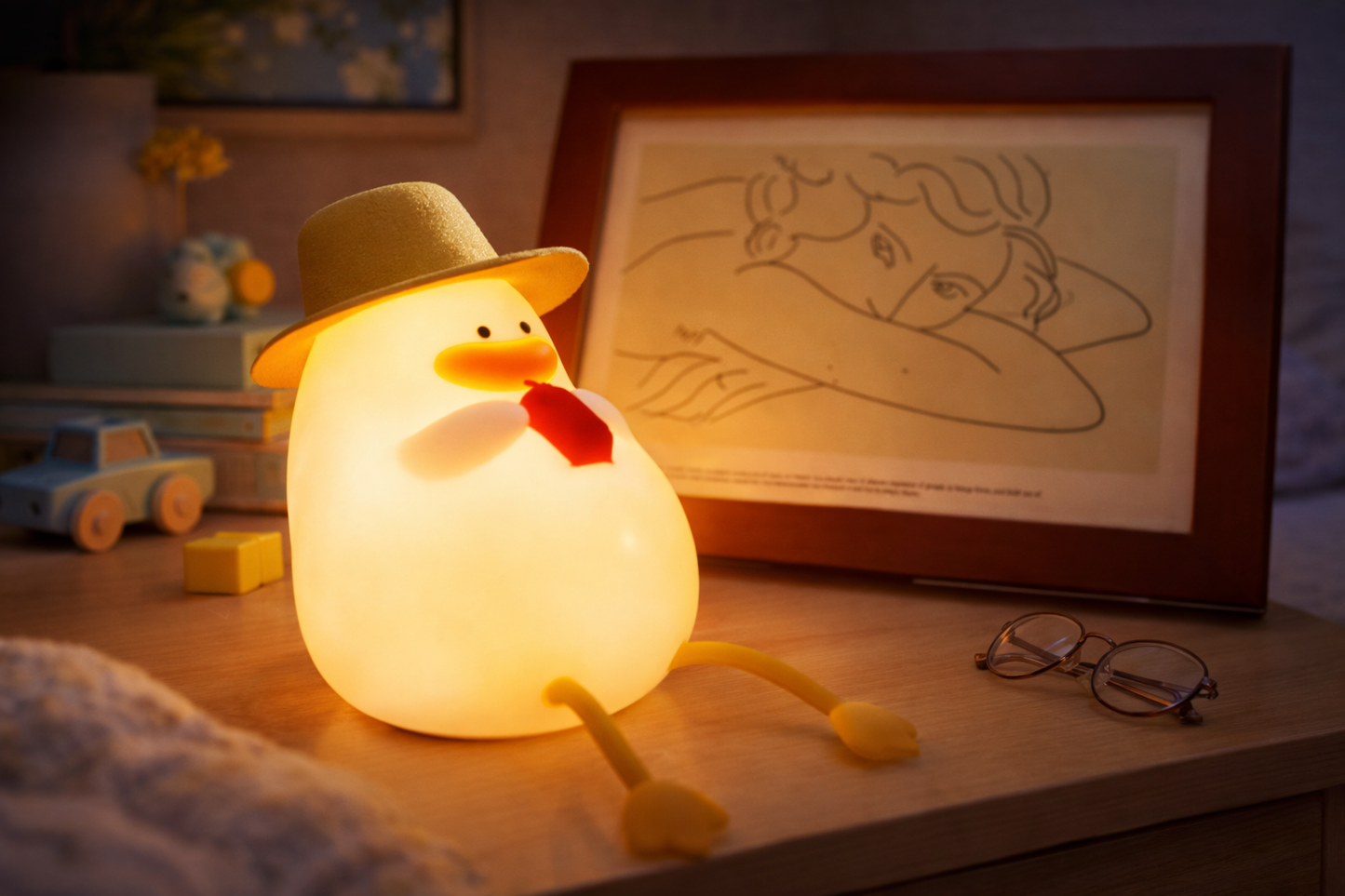 Color-changing silicone duck night light glowing warm yellow on a wooden nightstand