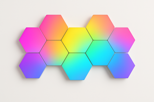 RGB hexagonal LED wall light panels in multicolor honeycomb layout on white background.