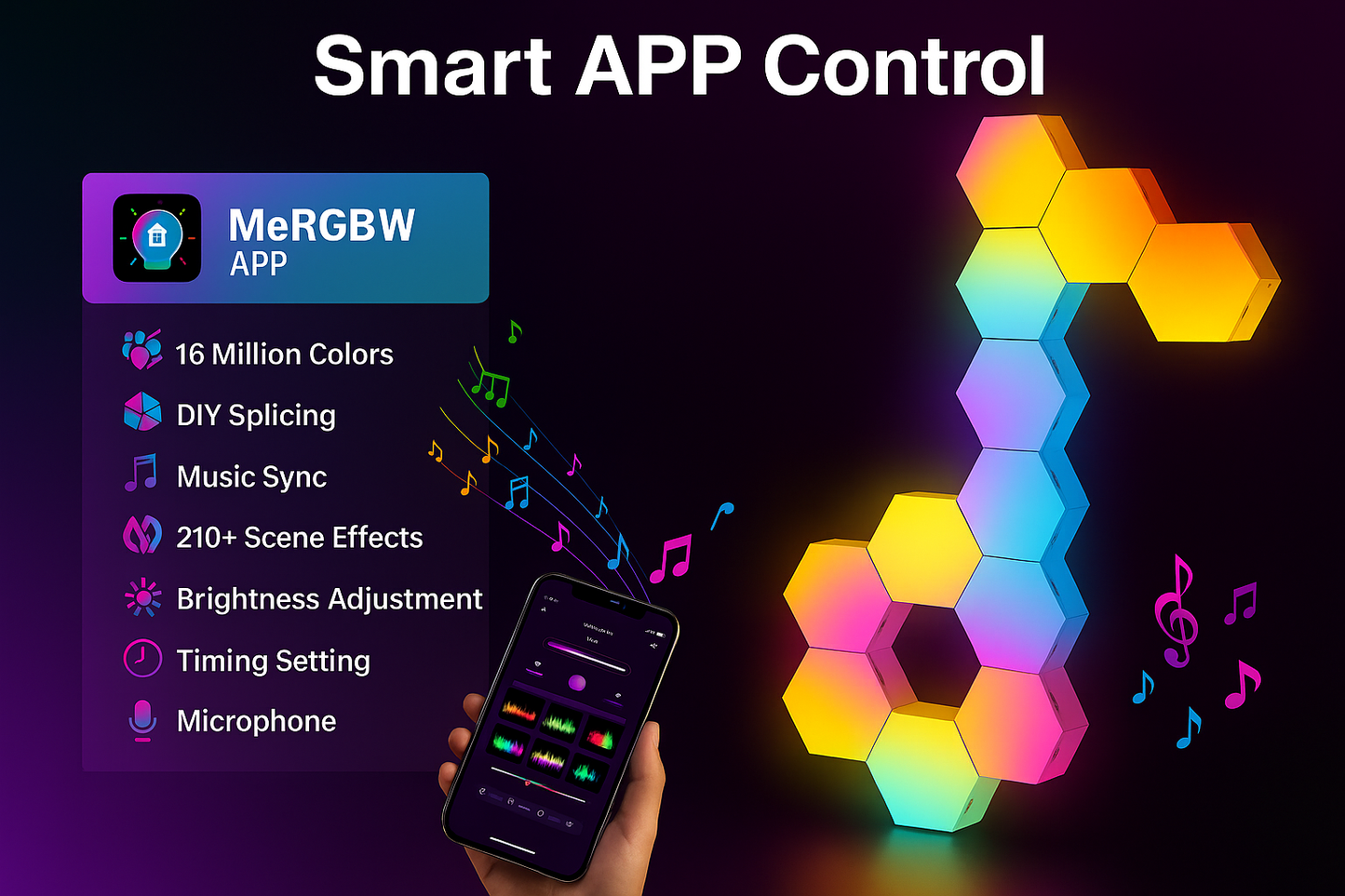 Smart APP control screen for RGB hexagon wall lights with color modes and effects.