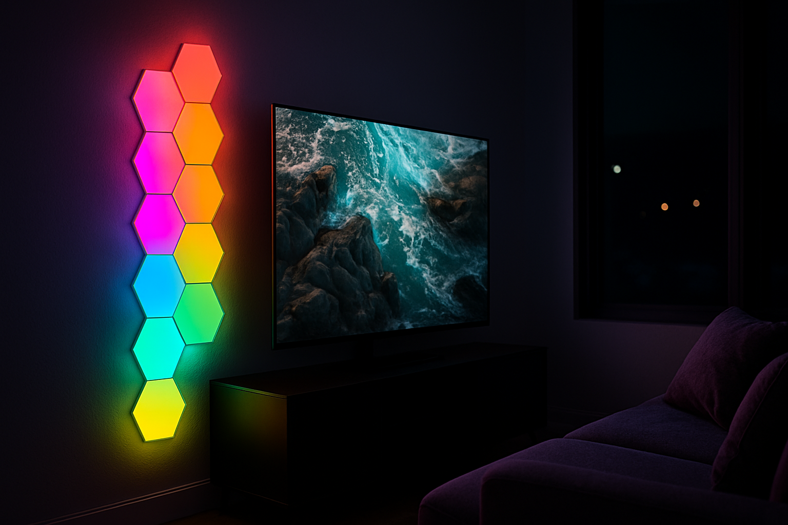 RGB hexagon LED wall lights behind TV in modern living room for ambient lighting.