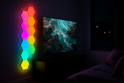 RGB hexagon LED wall lights behind TV in modern living room for ambient lighting.